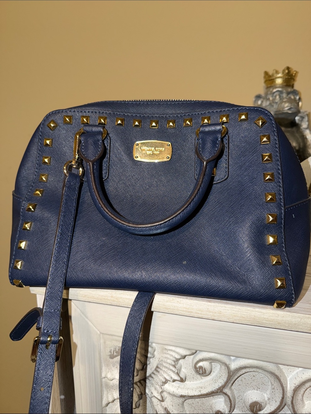 Michael Kors Navy Saffiano Leather Satchel with Gold Stud Accents